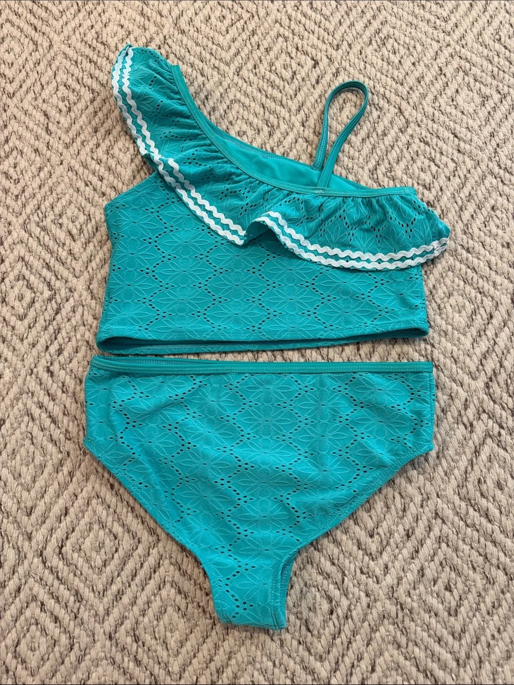 Girls Teal One-Shoulder Ruffle Swim Set